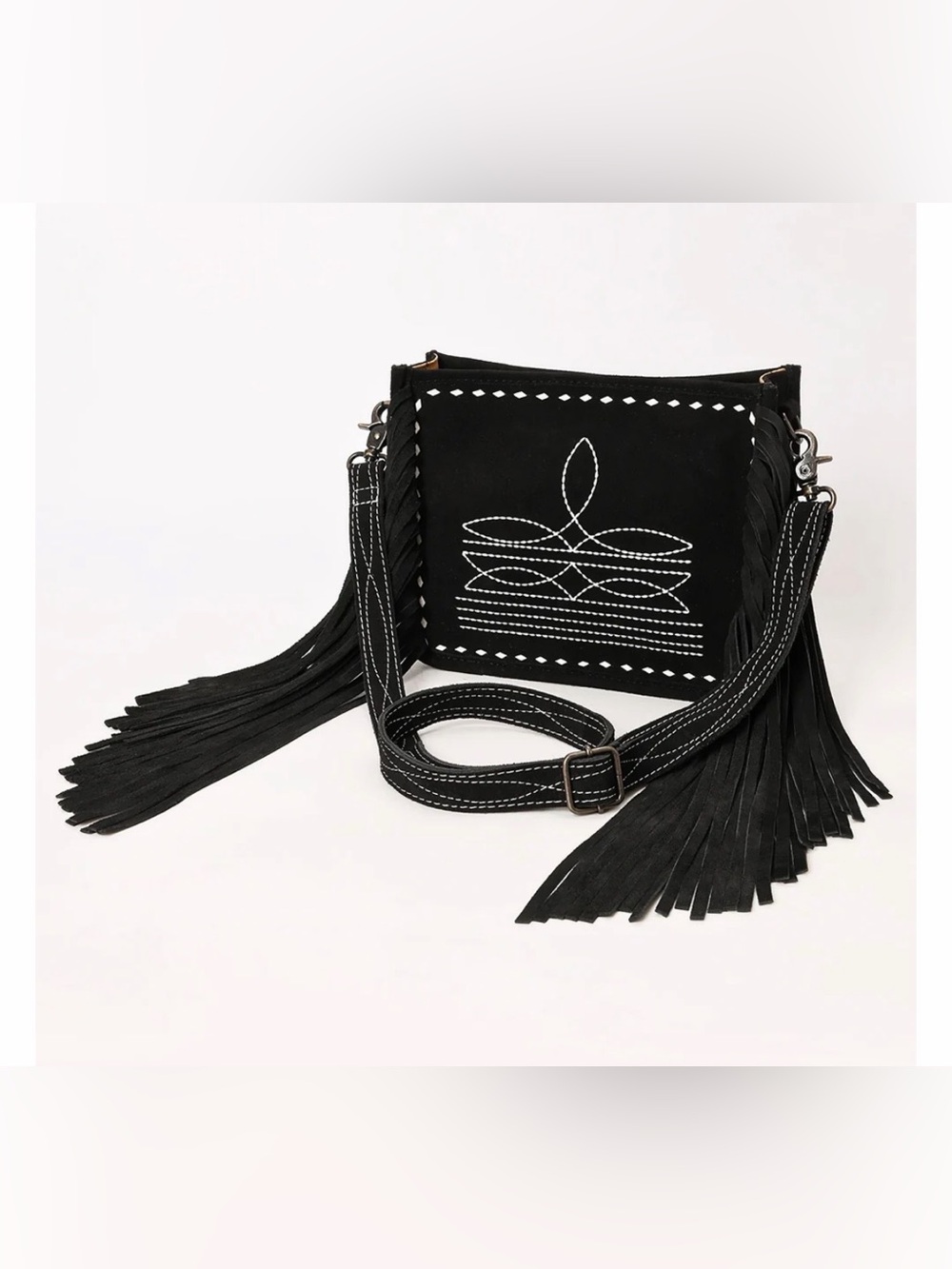 Western Bag Black Suede Fringe Crossbody Bag with White Stitching